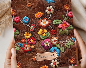 Personalized Floral Leather Style Journal, Custom Leather Keepsake Diary