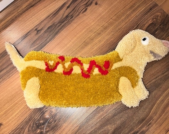 Handmade Funny Rug, Hot Dog Tufted Rug, Playful Home Accent