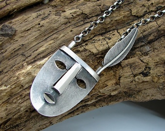 tribal mask pendant, silver unisex mysterious necklace