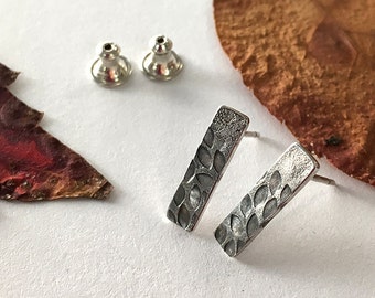 Leaf small earrings, silver long rectangle studs