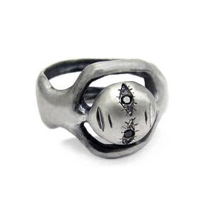 Twin ring, oxidised silver with black diamond eyes, unisex face ring image 1