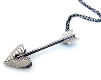 Arrow modern heart silver pendant, geometric pendant