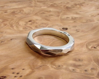 Geometric faceted silver band, modern silver band, men wedding band.