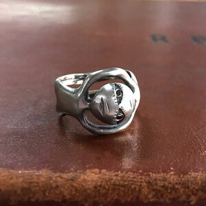 Twin ring, oxidised silver with black diamond eyes, unisex face ring image 3