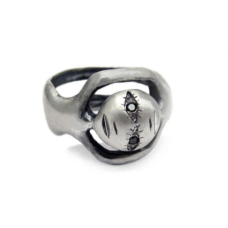 Twin ring, oxidised silver with black diamond eyes, unisex face ring image 1