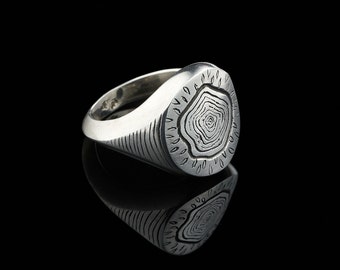 Unisex chunky silver signet ring, "Tree stump" engraving, custom made engraving