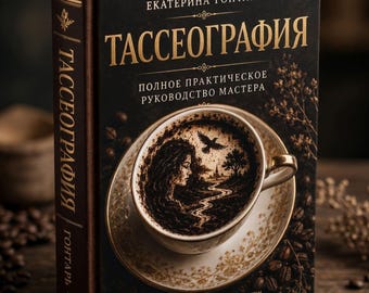 May include: A hardcover book titled Tasseography by Ekaterina Gontar, featuring a black cover with gold text and an illustration of a teacup filled with coffee grounds forming a landscape scene with a person, a bird, and a winding path.