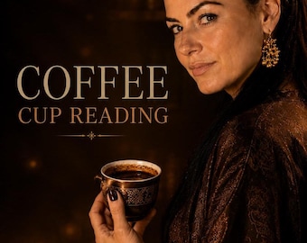 May include: A dark brown coffee cup with intricate gold patterns held in a hand, featuring the text COFFEE CUP READING in a light font against a dark background, accompanied by a lit candle and a glass bottle in the lower foreground.