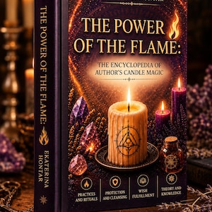 May include: A hardcover book titled The Power of the Flame: The Encyclopedia of Author's Candle Magic by Ekaterina Hontar. The cover features a lit candle, purple candles, crystals, and icons for practices, protection, wish fulfillment, and theory.