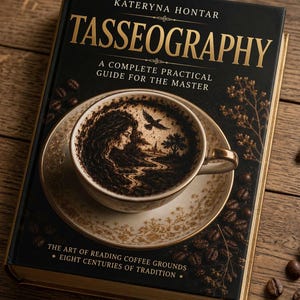Puede incluir: Un libro de tapa dura titulado Tasseography de Kateryna Hontar, con una cubierta negra, texto dorado y una ilustración de una taza de té llena de posos de café que forman un paisaje con una persona, un pájaro y un camino sinuoso.