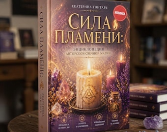 May include: A hardcover book titled "Сила Пламени: Энциклопедия авторской свечной магии" by Ekaterina Gontar. The cover features a central lit candle with a geometric symbol, surrounded by purple tones, crystals, lavender, and small icons.