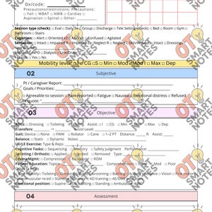 May include: A medical form with sections for patient information, vitals, and assessments. The form includes checkboxes and spaces for notes, with headings like "Subjective" and "Objective". The background is white with a light green and yellow border.