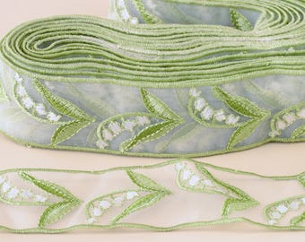 Embroidered Organza Lily of the Valley Ribbon: Green & White Wedding Bouquet