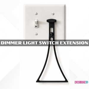 May include: A black dimmer light switch extension is attached to a white light switch plate. The extension has a triangular handle. The text "DIMMER LIGHT SWITCH EXTENSION" is displayed across the image.