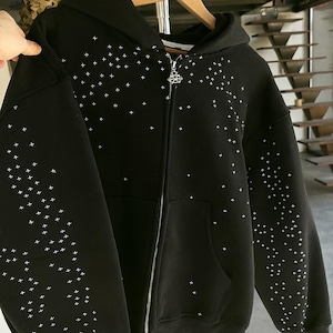 Stardust Zip Hoodie – Black Rhinestone Y2K Streetwear | Heavy Oversized Zip-Up Sweatshirt | Retro Harajuku Hip-Hop Jacket