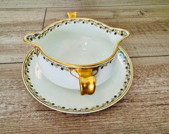 Antique Haviland Limoges France Gold Trim Cream Soup Bowl and Saucer
