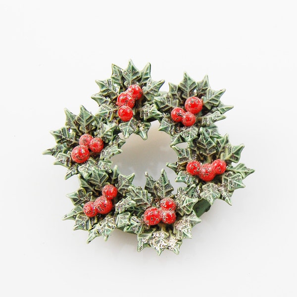 Vintage Holly Christmas Wreath Brooch