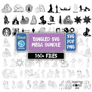 May include: A digital collection of over 160 black and white graphic designs featuring characters and symbols from the movie Tangled. The central purple and black label displays the text Tangled SVG Mega Bundle, 160+ Files, SVG, PDF, and PNG.