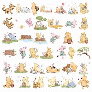 May include: A selection of cartoon illustrations featuring Winnie the Pooh, Piglet, Tigger, and Eeyore. The images show the characters in various scenes, including eating honey, playing, and interacting. Butterflies and trees are also present.