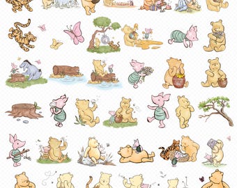 Paquete de imágenes prediseñadas PNG clásicas de Winnie the Pooh, imprimibles, descarga digital instantánea para cumpleaños de niño, baby shower vintage de Pooh, paquete de imágenes