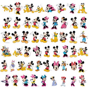 Könnte beinhalten: Eine Sammlung von Cartoon-Charakter-Illustrationen mit Micky Maus, Minnie Maus, Pluto und Goofy. Micky und Minnie werden in verschiedenen Posen und Outfits dargestellt, wobei auch Pluto und Goofy zu sehen sind. Die Charaktere sind in ihren klassischen Farbschemata.