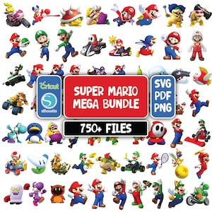 May include: A digital collection of Super Mario characters including Mario, Luigi, Toad, and Bowser in various poses and vehicles. The central red and black graphic features the text Super Mario Mega Bundle 750+ Files, Cricut, Silhouette, SVG, PDF, and PNG.