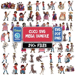 May include: A digital collection of Coco SVG Mega Bundle files featuring over 290 graphic illustrations of characters, including Miguel, Hector, and Dante, with text labels for Cricut, Silhouette, SVG, PDF, and PNG formats in a red and blue layout.