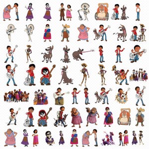 May include: A selection of cartoon illustrations featuring characters from the animated film "Coco." The images include various characters, such as a boy with a guitar, skeletons, and other figures, all set against a transparent background.