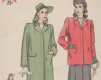 Bust 34-FACTORY FOLDED 1940's Misses' Coat Hollywood Patterns 1048 Size 16 Hip 37-cp