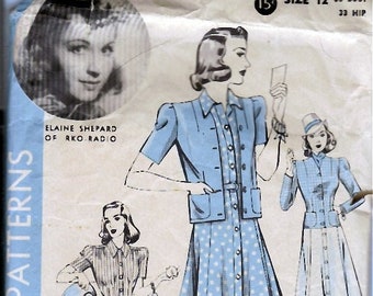 Bust 30-1940's Hollywood Pattern 420 One-Piece Dress and Jacket Size 12 Hip 33