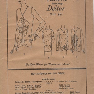 Bust 33, 34, 35, 38-FACTORY FOLDED 1920's Misses' Slip-Over Blouse Butterick Deltor 2673