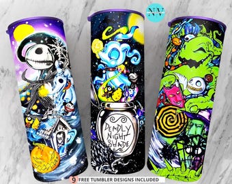 May include: Three cylindrical tumblers with purple lids featuring vibrant graphic prints. The first shows a skeleton character and a pumpkin. The second displays a ghost and a jar labeled Deadly Night Shade. The third depicts a green creature.