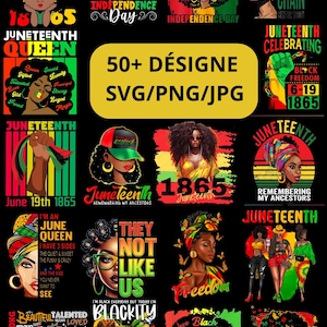 Peut inclure: Une collection de designs sur le thème du Juneteenth en formats SVG, PNG et JPG. Les images présentent des portraits de femmes noires, du texte et des graphiques en rouge, vert et jaune, célébrant la liberté et le patrimoine.