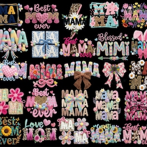 Peut inclure: Plusieurs motifs de texte colorés sur fond noir. Les motifs incluent les mots "Mama", "Nana", "Mimi" et "Mom", avec des accents floraux, des nœuds et des cœurs. Les motifs sont adaptés à la fête des mères.