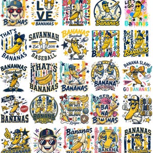 Könnte beinhalten: Eine Sammlung von fünfundzwanzig farbenfrohen Grafikdesigns mit anthropomorphen Bananen in Baseball-Ausrüstung, darunter Schläger, Kappen und Bälle. Die Illustrationen enthalten Texte wie Bananas, Let's Go und Baseball sowie Sterne und Streifen.