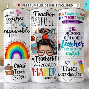 Peut inclure: Trois gobelets cylindriques avec des motifs sur fond de papier ligné blanc sur le thème des enseignants. Les designs incluent un arc-en-ciel, des tasses à café, une personne avec des lunettes et un chignon, des crayons et des textes variés.