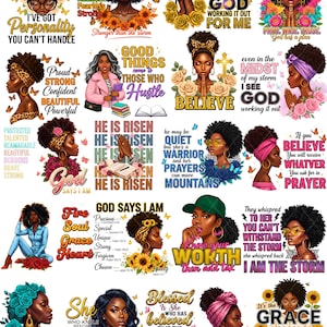 Könnte beinhalten: Eine Sammlung digitaler Illustrationen mit schwarzen Frauen mit verschiedenen Frisuren, Kopftüchern und floralen Akzenten, begleitet von inspirierenden Texten und religiösen Zitaten in verschiedenen Schriftarten, Farben und dekorativen Grafikstilen.