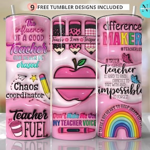 May include: Three pink tumblers with teacher-themed designs. One tumbler reads "The influence of a good teacher can never be erased" and "Chaos coordinator." Another features an apple and pencils. The third says "Difference Maker" and "A truly great teacher is hard to find."