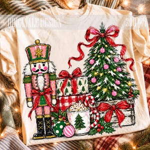 Pink Nutcracker Christmas PNG, Coquette Bow Christmas Tree Sublimation Design, Hot Cocoa Gifts Retro Holiday Shirt PNG, Pink Christmas DTF