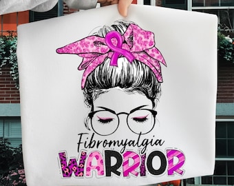 Camiseta de guerrero de la fibromialgia, sudadera con lazo rosa, regalo de apoyo para enfermedades crónicas, camiseta con estampado de chica con moño despeinado