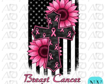 PNG de concienciación sobre el cáncer de mama, bandera estadounidense con cruz de cinta rosa, diseño de sublimación de girasol para supervivientes de cáncer, camiseta PNG de fe, esperanza y cura