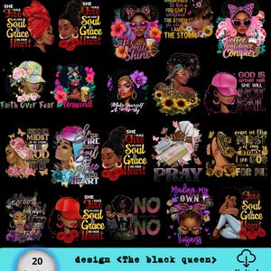 Sublimations-Bundle „Schwarze Königin“ | 20 Designs | Inspirierende Melanin-PNG/JPG | Zitate über Afro-Frauen | T-Shirt-Druck, Aufkleber, Digitaldruck