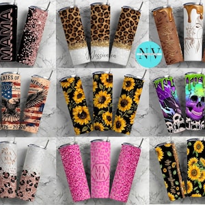 May include: A collection of eighteen cylindrical tumblers featuring various designs including rose gold glitter, leopard print, coffee themes, American eagle motifs, sunflower patterns, skull graphics, and pink leopard prints with the text MAMA.