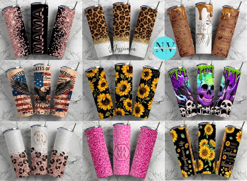 May include: A collection of eighteen cylindrical tumblers featuring various designs including rose gold glitter, leopard print, coffee themes, American eagle motifs, sunflower patterns, skull graphics, and pink leopard prints with the text MAMA.