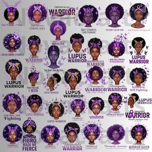 Puede incluir: Una colecci&oacute;n de ilustraciones que presentan mujeres con acentos morados, mariposas y texto. El texto incluye frases como "Fibromyalgia Warrior", "Lupus Warrior" y "I am becoming stronger". Las ilustraciones son de estilo arte digital.