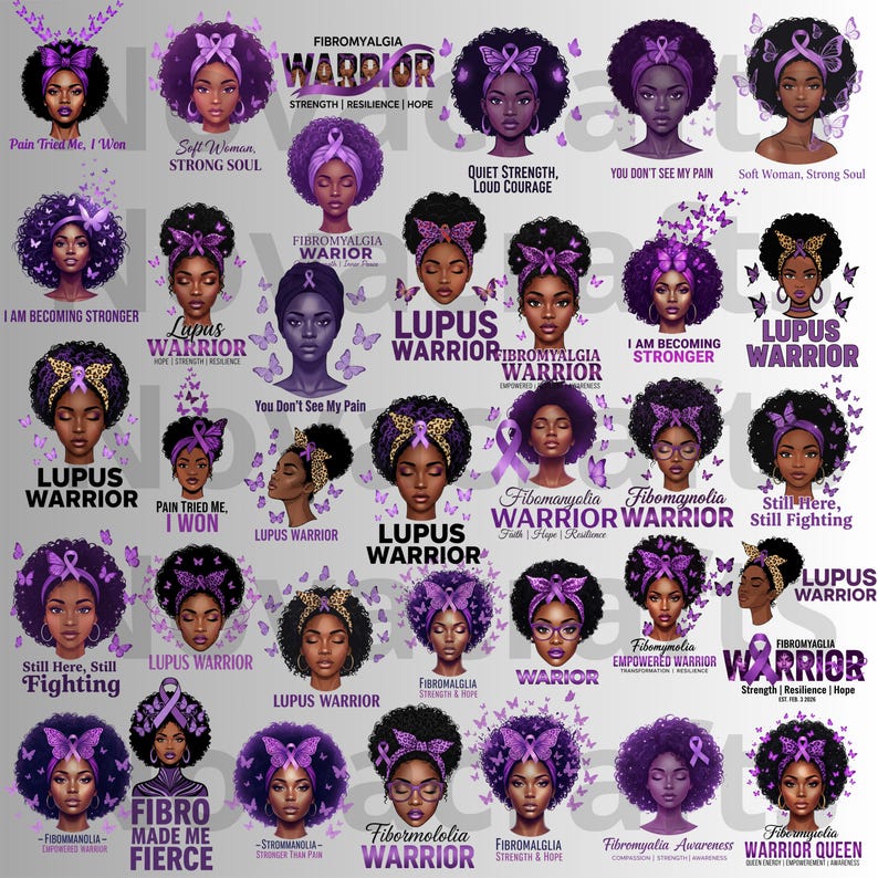Puede incluir: Una colecci&oacute;n de ilustraciones que presentan mujeres con acentos morados, mariposas y texto. El texto incluye frases como "Fibromyalgia Warrior", "Lupus Warrior" y "I am becoming stronger". Las ilustraciones son de estilo arte digital.