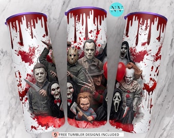 May include: A cylindrical tumbler featuring a white background with red blood splatter and drips. The design displays a collage of various horror movie characters, including masked figures, a clown holding a red balloon, and a doll holding an axe.