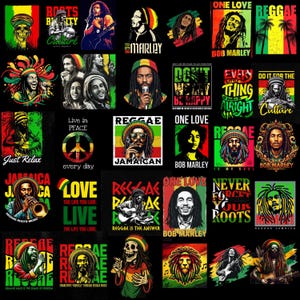Ontwerpen geïnspireerd op reggaelegendes uit de jaren 80 | Vintage Rasta sublimatiepakket | Retro reggae kunst PNG SVG | Vrede & Liefde digitale download