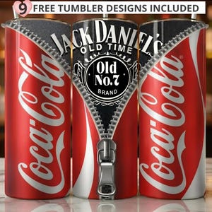 Peut inclure: Un gobelet cylindrique présentant un motif graphique combinant une canette de Coca-Cola rouge et une étiquette noire Jack Daniel's Old No. 7, séparés par une fermeture éclair verticale. Le texte 9 FREE TUMBLER DESIGNS INCLUDED figure en haut.