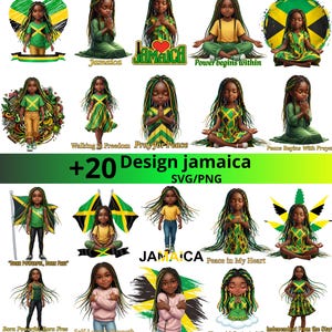 Może przedstawiać: Kolekcja cyfrowych ilustracji przedstawiających młodą osobę z długimi, zaplecionymi włosami, ubraną w kolory flagi Jamajki. Projekty obejmują różne pozy i tekst, taki jak "Jamaica" i "Design Jamaica".